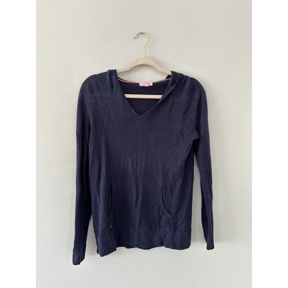 Lilly Pulitzer Sz XS Blue Lightweight 100% Linen Hooded Pullover Sweater